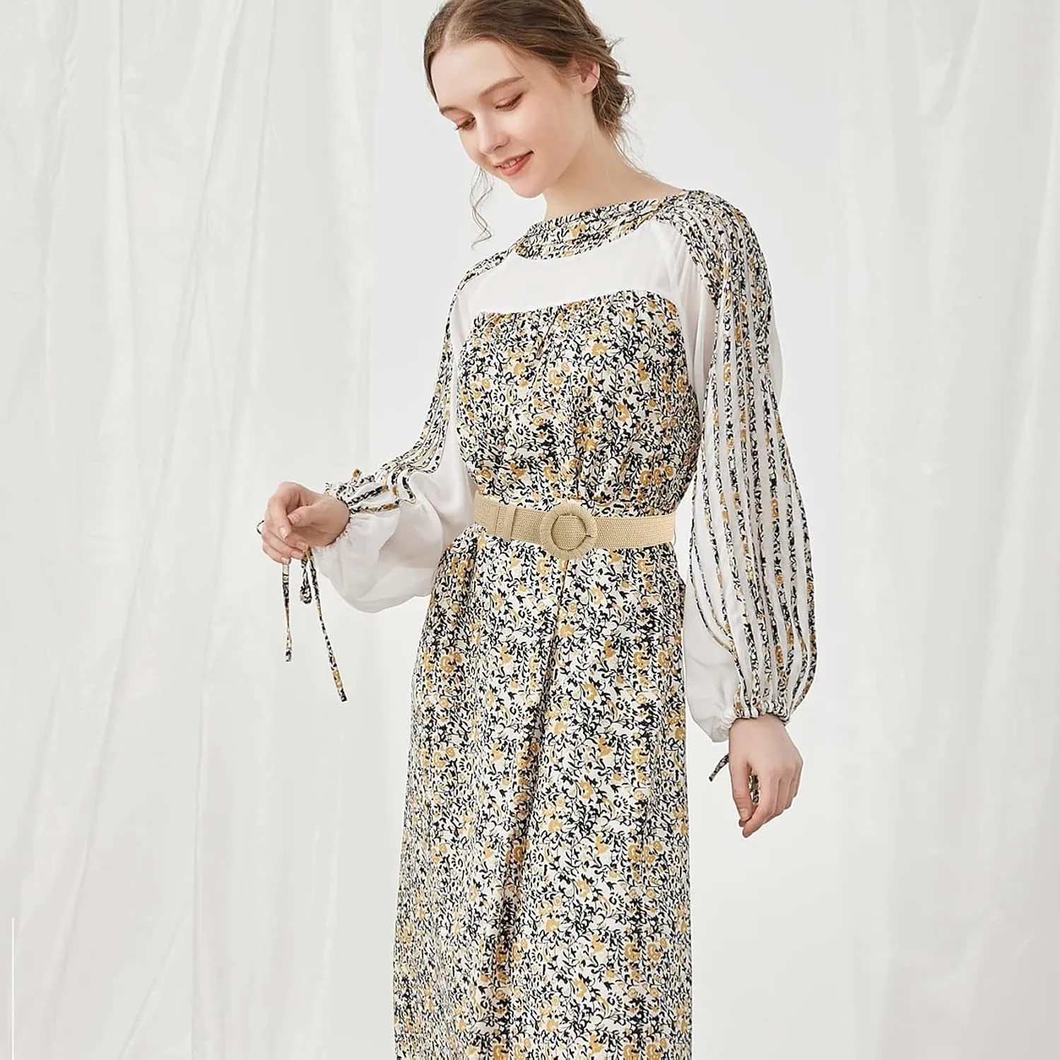 SeptCity Women Woven Rattan Wide Stretch Straw Belt