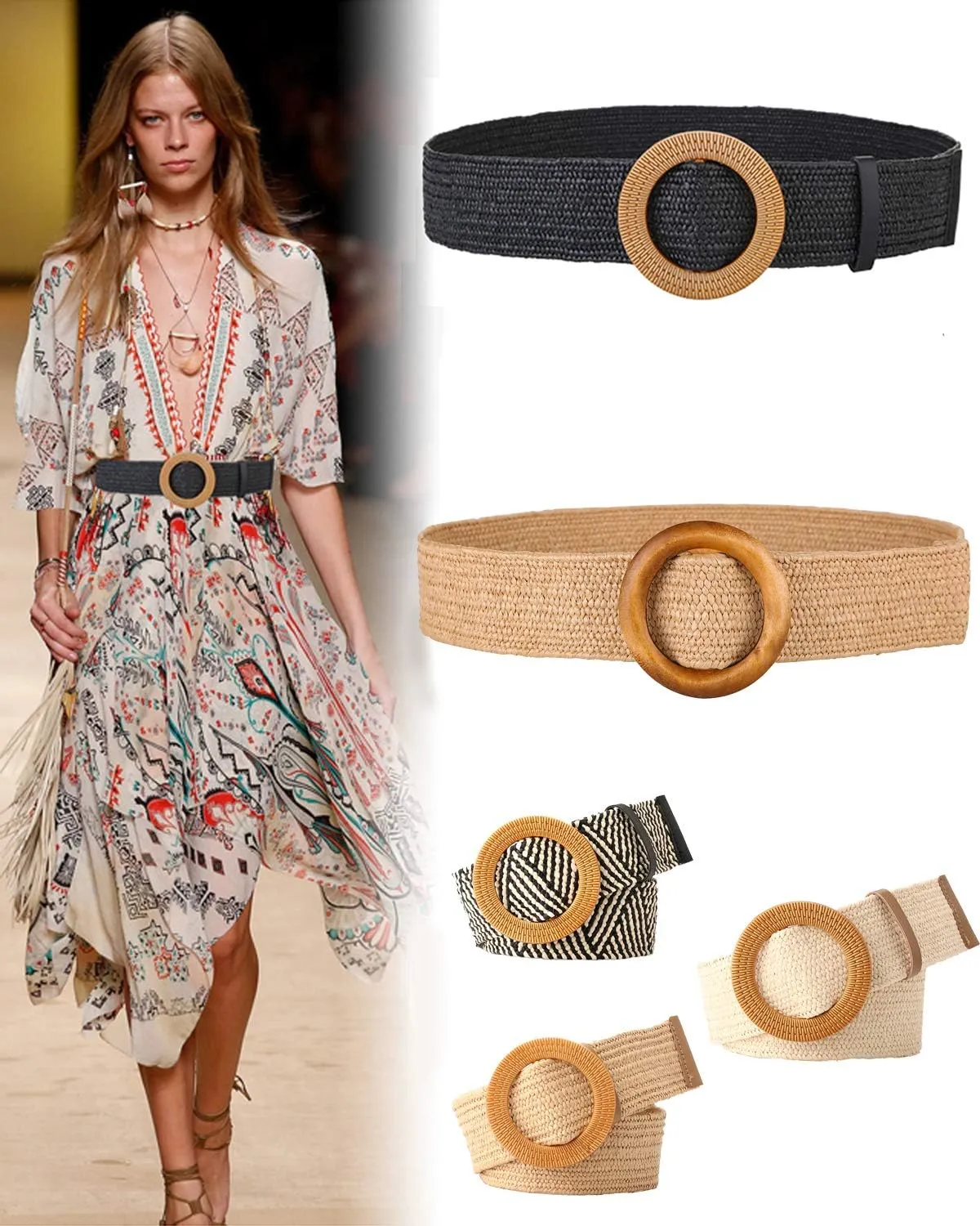 SeptCity Women Woven Rattan Wide Stretch Straw Belt