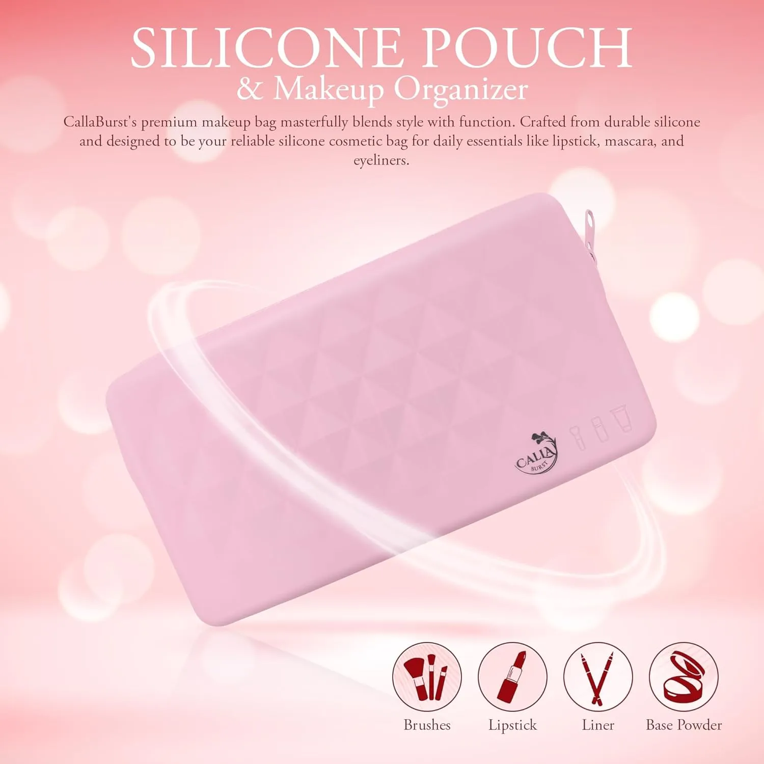 Silicone Makeup Bag - 8" x 4.5" Portable & Lightweight, Secure Closure, Spacious Cosmetic Organizer - Perfect for Travel Toiletry Bag for Women - Makeup Brush Holder Travel Pouch (Pink)