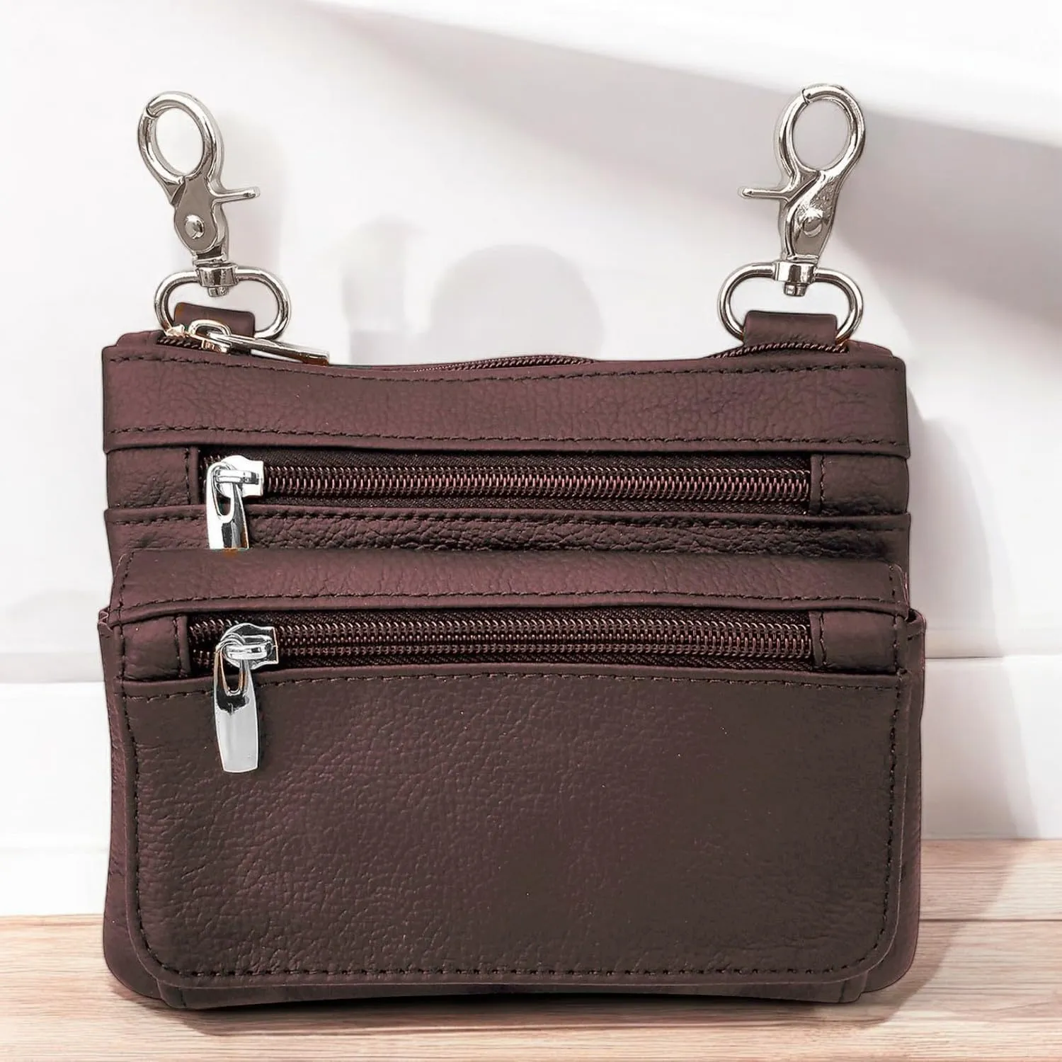 SILVERFEVER Leather Bike Rider Accordion Bag Cross Body Belt Phone Pack Pouch (Brown)