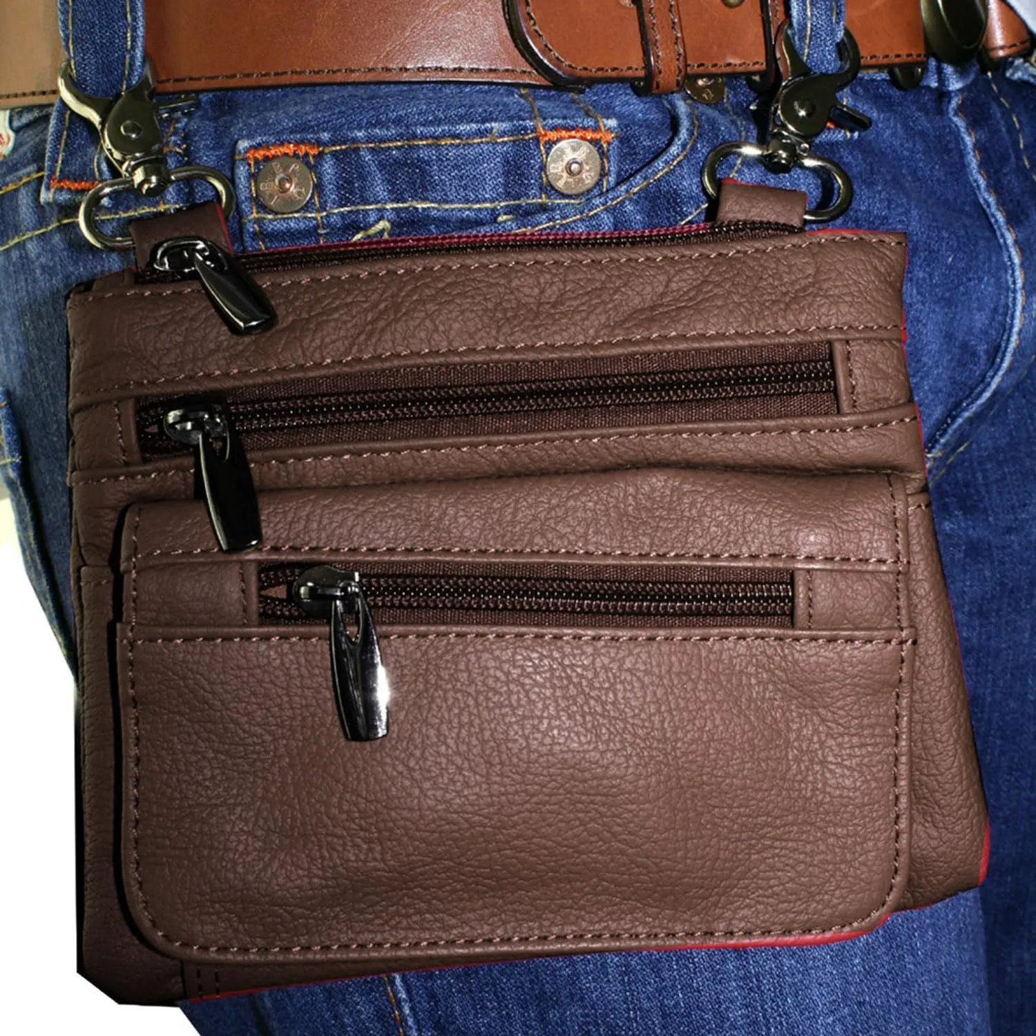 SILVERFEVER Leather Bike Rider Accordion Bag Cross Body Belt Phone Pack Pouch (Brown)