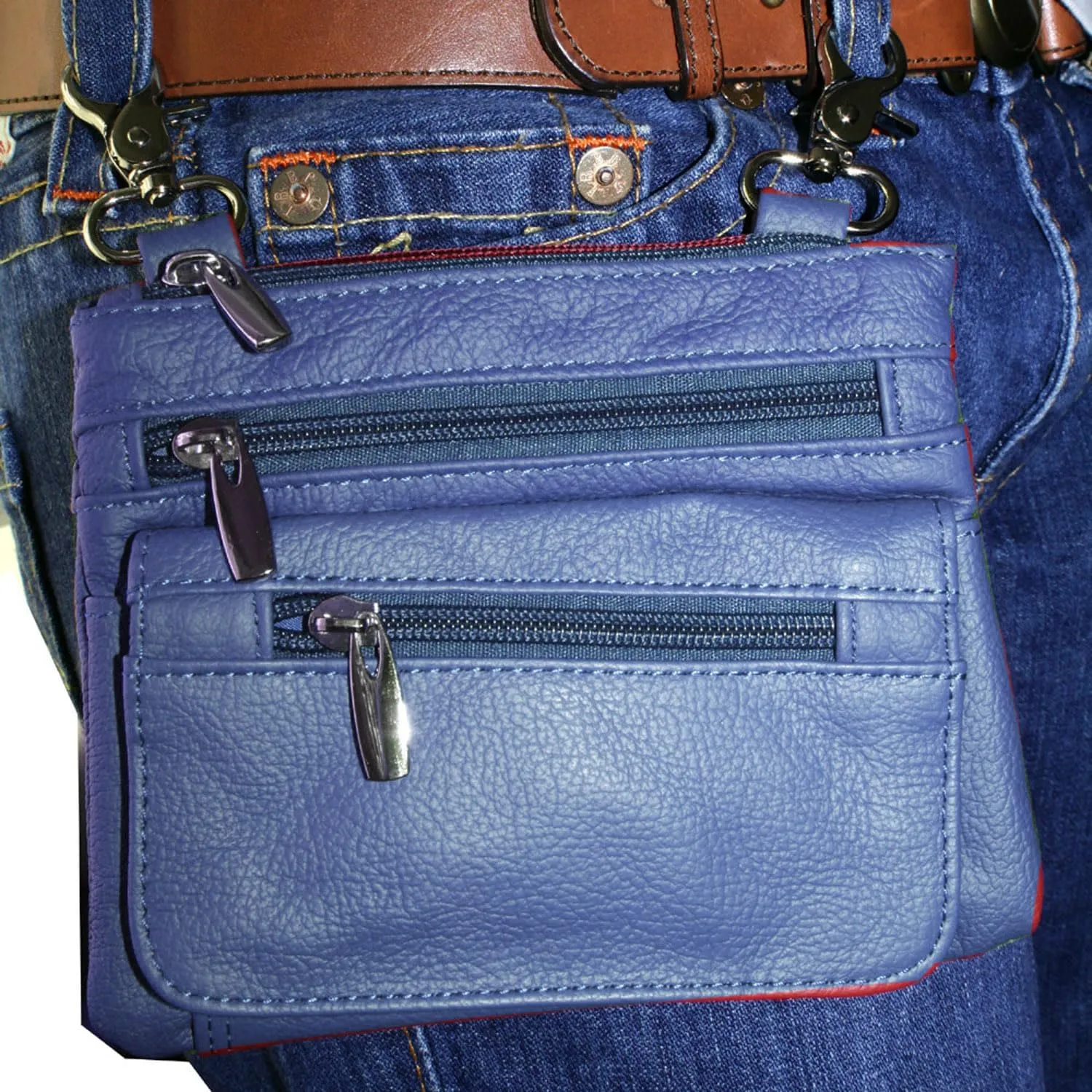 SILVERFEVER Leather Bike Rider Accordion Bag Cross Body Belt Phone Pack Pouch (Navy)