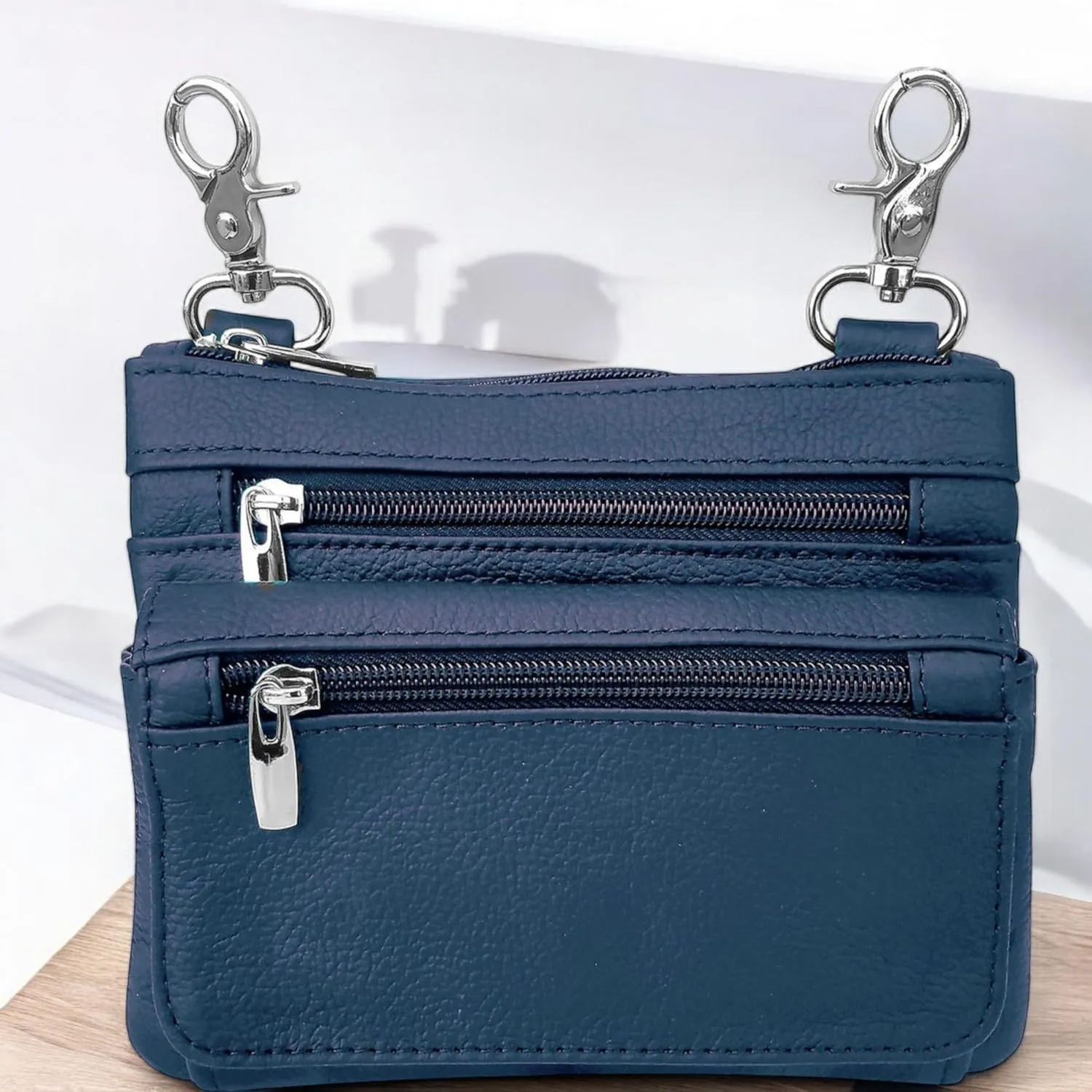 SILVERFEVER Leather Bike Rider Accordion Bag Cross Body Belt Phone Pack Pouch (Navy)