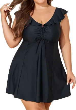 Smismivo Plus Size Swim Dress with Shorts Swimsuit One Piece Tummy Control Push Up Bathing Suit for Women Modest Swimdress