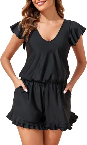 Smismivo Swim Romper One Piece Swimsuit with Shorts Women Boyleg with Pockets Bathing Swimming Suit Swimwear