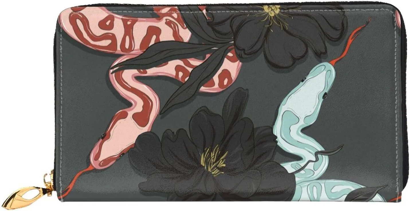 Snake In Flowers Floral Leather Wallet Credit Card Holder Wallet Fashion Wristlet Wallet Clutch Purse For Women And Men