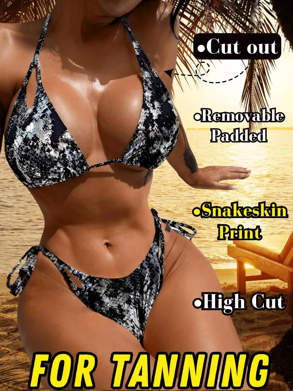 Snakeskin Metallic Bikini,String Halter Triangle Bikinis Set,Sexy Strappy Cheeky Swimsuits for Women Tanning Pool