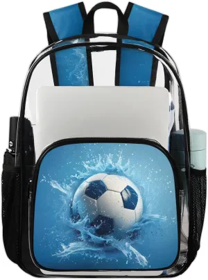 Soccer Heavy Duty Clear Backpack Blue Football Large See Through Backpacks PVC Transparent Backpack Clear Bag for Women Men Security Stadium Work Travel Events Concert