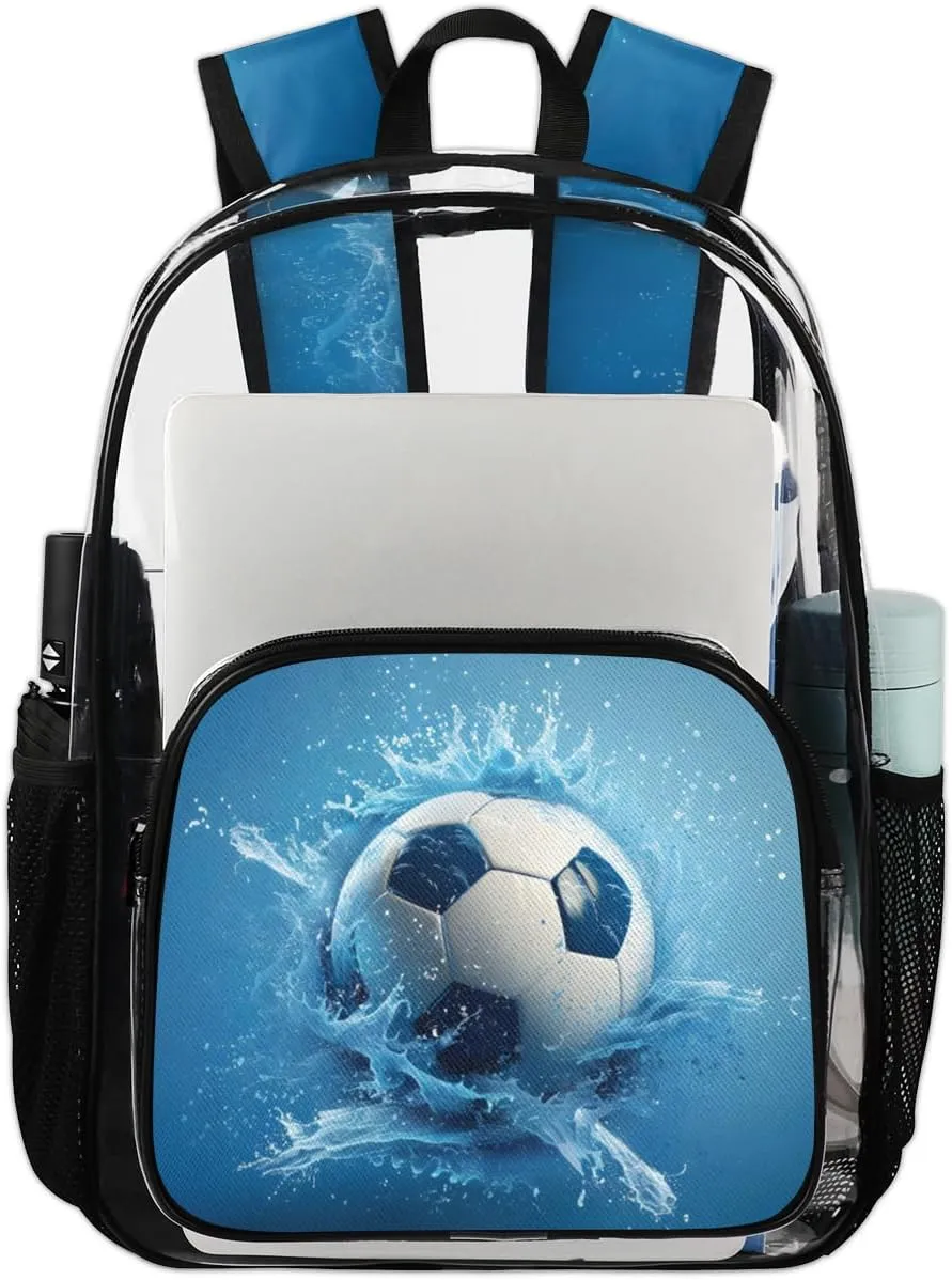 Soccer Heavy Duty Clear Backpack Blue Football Large See Through Backpacks PVC Transparent Backpack Clear Bag for Women Men Security Stadium Work Travel Events Concert