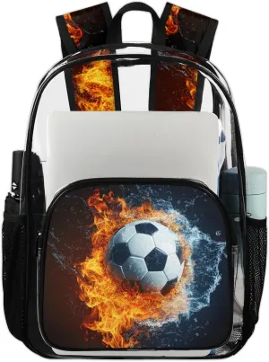 Soccer Heavy Duty Clear Backpack Water Flame Football Large See Through Backpacks PVC Transparent Backpack Clear Bag for Women Men Security Stadium Work Travel Events Concert