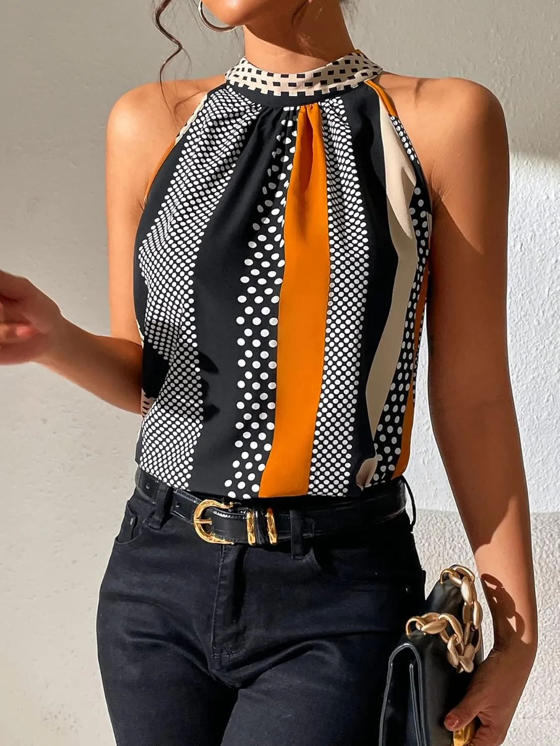 SOLY HUX Women's Summer Halter Tops Keyhole Polka Dots Blouses Striped Tank Top Casual Sleeveless Shirts