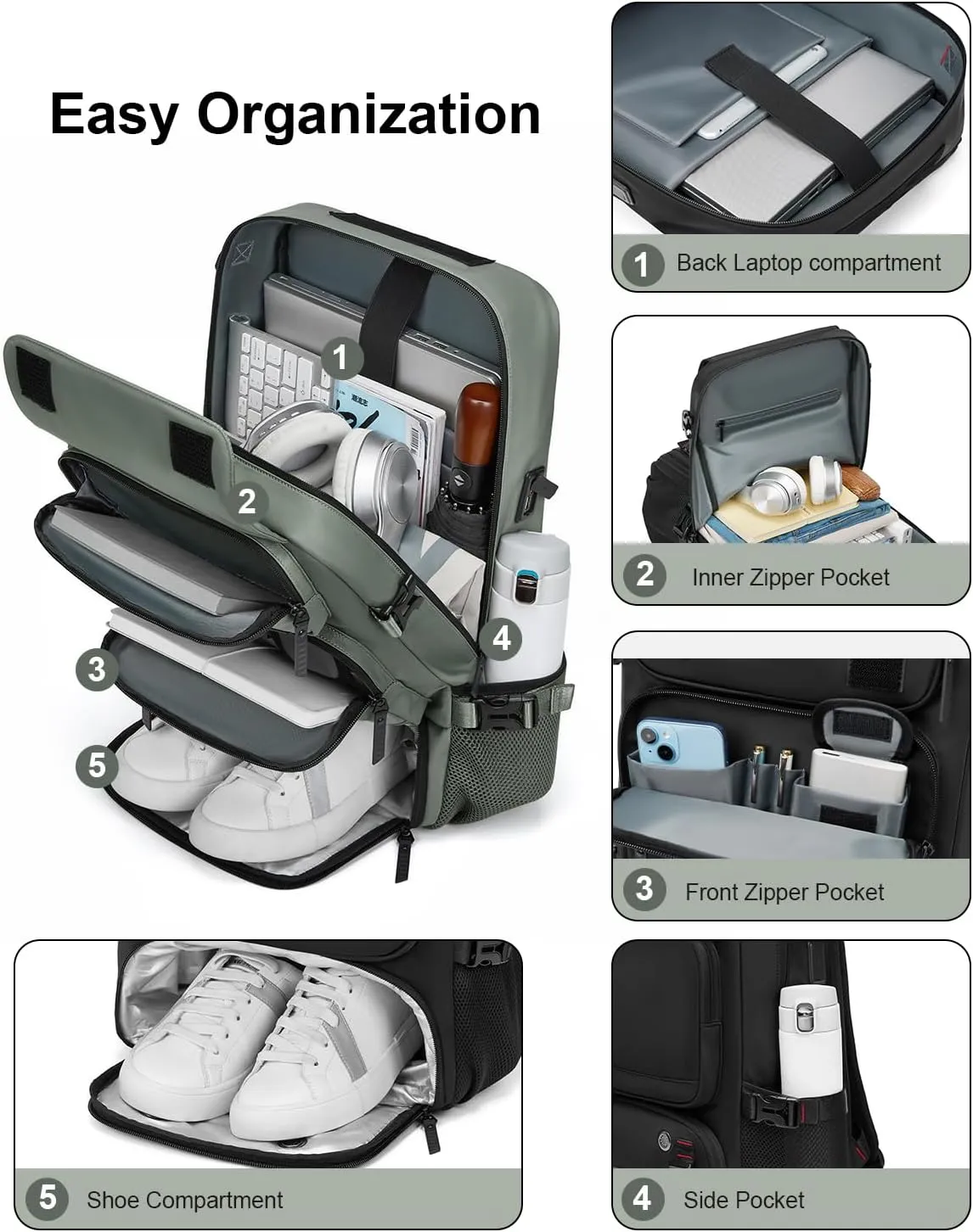 Somago Travel Laptop Backpack for Men & Women Carry On Backpack with USB Charging Port Fits 16.5 inch Notebook Rucksack (Army Green)
