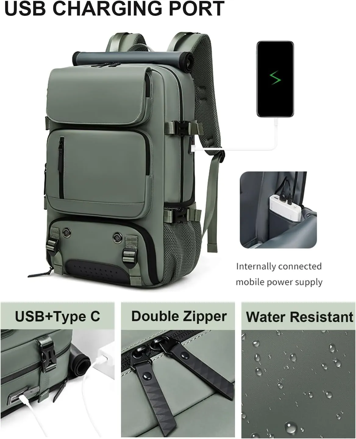 Somago Travel Laptop Backpack for Men & Women Carry On Backpack with USB Charging Port Fits 16.5 inch Notebook Rucksack (Army Green)