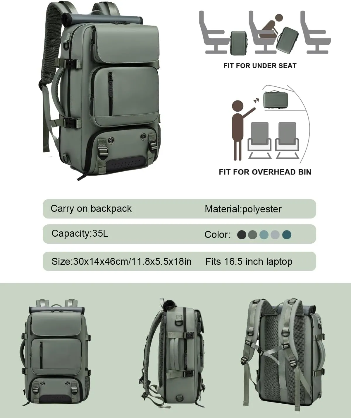 Somago Travel Laptop Backpack for Men & Women Carry On Backpack with USB Charging Port Fits 16.5 inch Notebook Rucksack (Army Green)