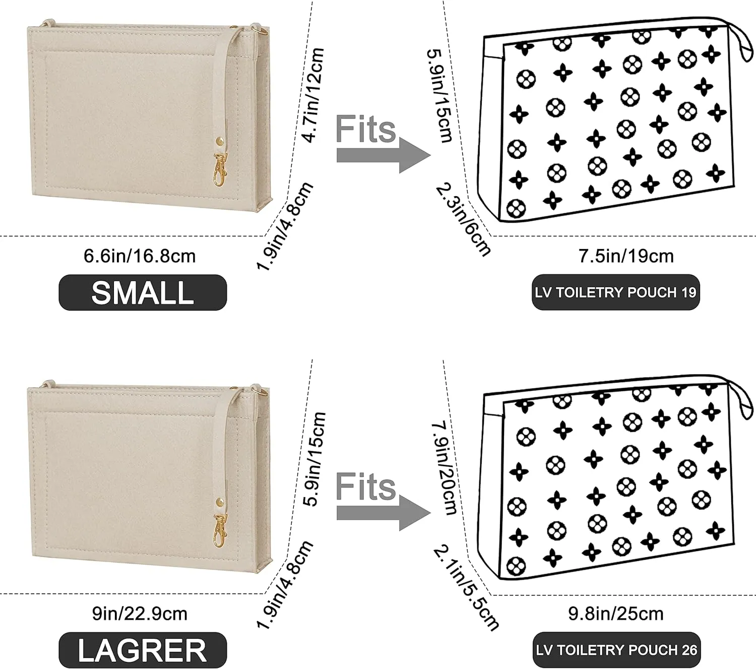 Soyizom Toiletry Pouch 19 26 Bag Organizer Insert for Cosmetics Tidy Organizer,Felt Purse Organizer Insert Ladies Tote Handbag Liner Pocket Organizer with Keychain & Gold Buckle & Zip(Large-26,Beige)