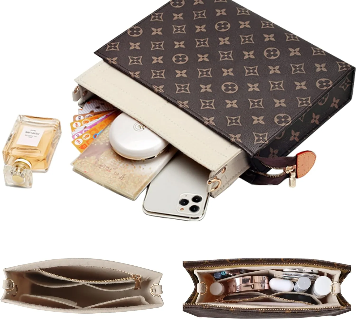 Soyizom Toiletry Pouch 19 26 Bag Organizer Insert for Cosmetics Tidy Organizer,Felt Purse Organizer Insert Ladies Tote Handbag Liner Pocket Organizer with Keychain & Gold Buckle & Zip(Large-26,Beige)
