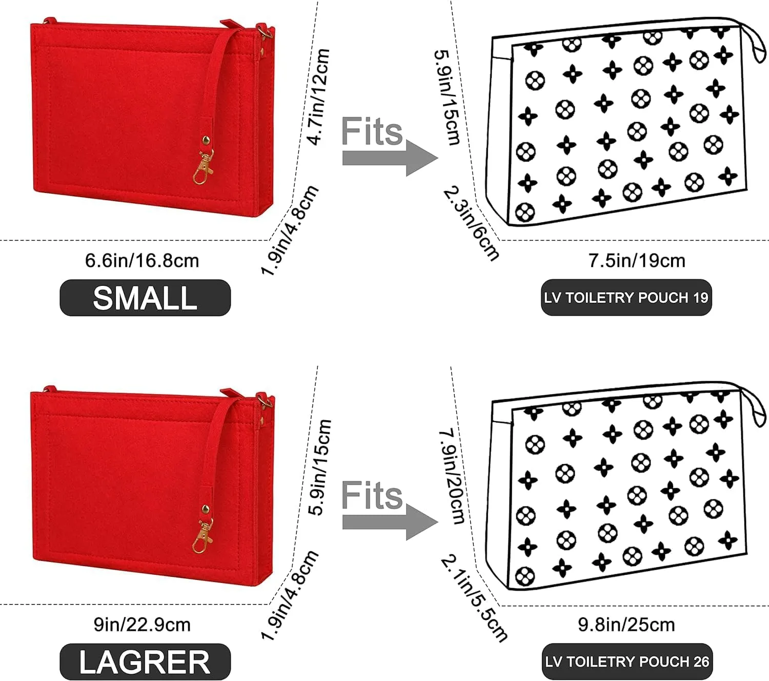 Soyizom Toiletry Pouch 19 26 Bag Organizer Insert for Cosmetics Tidy Organizer,Felt Purse Organizer Insert Ladies Tote Handbag Liner Pocket Organizer with Keychain & Gold Buckle & Zip(Small-19,Red)
