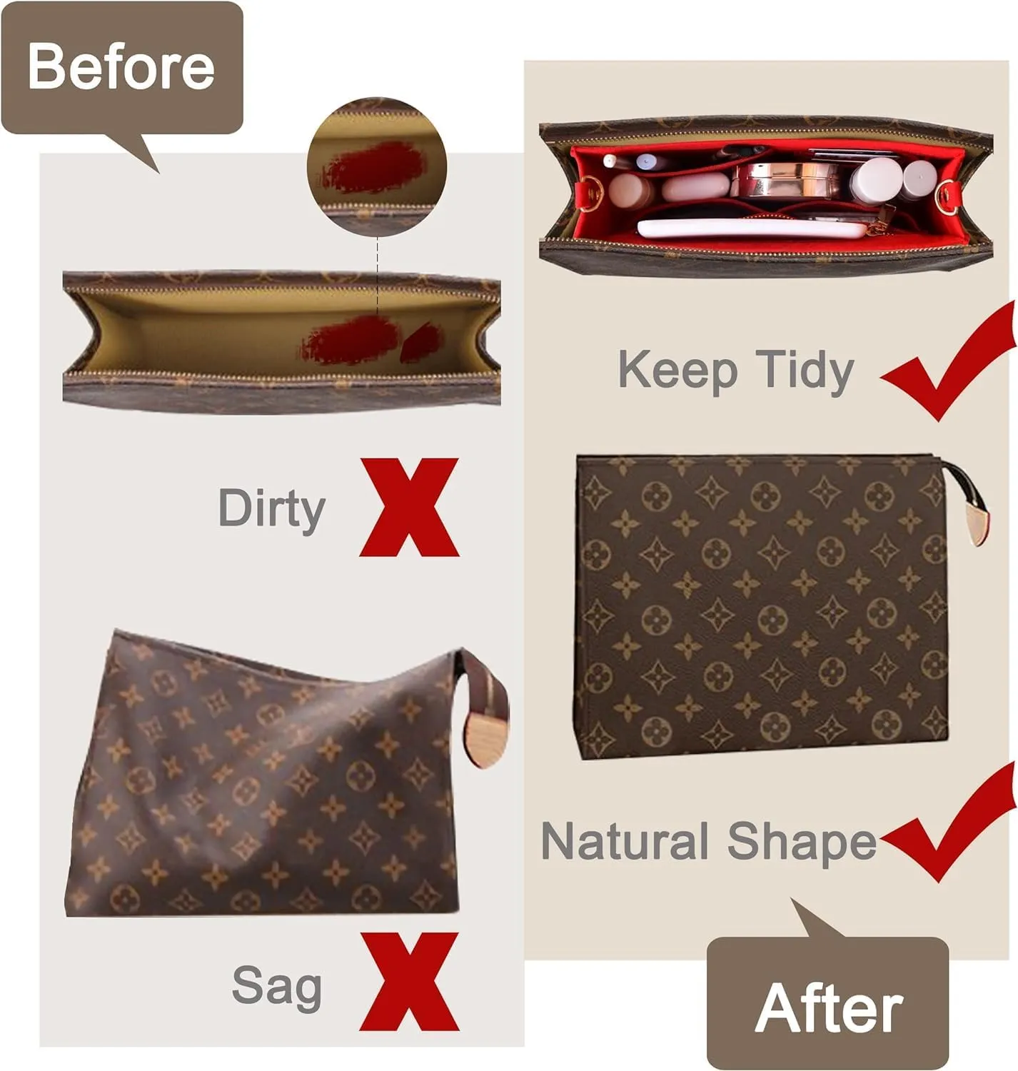 Soyizom Toiletry Pouch 19 26 Bag Organizer Insert for Cosmetics Tidy Organizer,Felt Purse Organizer Insert Ladies Tote Handbag Liner Pocket Organizer with Keychain & Gold Buckle & Zip(Small-19,Red)