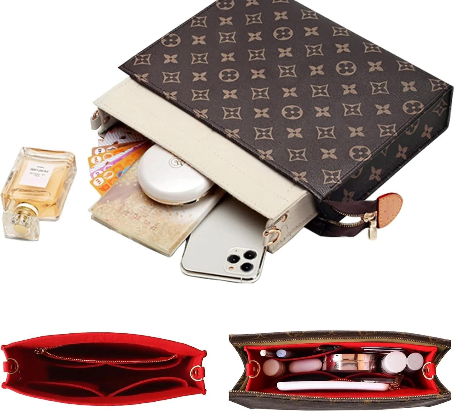 Soyizom Toiletry Pouch 19 26 Bag Organizer Insert for Cosmetics Tidy Organizer,Felt Purse Organizer Insert Ladies Tote Handbag Liner Pocket Organizer with Keychain & Gold Buckle & Zip(Small-19,Red)