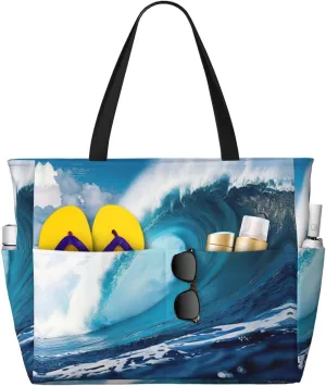 SSIMOO Big Sea Wave Hd Spacious Beach Travel Bagreusable Grocery Tote, Multifunctional Beach Vacation Bag, Black