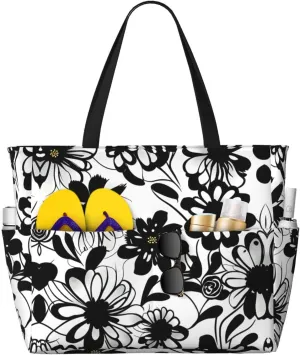SSIMOO Black And White Flowers Spacious Beach Travel Bagreusable Grocery Tote, Multifunctional Beach Vacation Bag