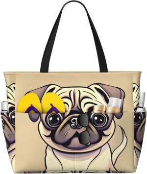 SSIMOO Funny Cartoon Pug Puppy Dogs Spacious Beach Travel Bagreusable Grocery Tote, Multifunctional Beach Vacation Bag, Black