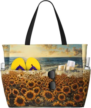 SSIMOO Sunflowers Sea Spacious Beach Travel Bagreusable Grocery Tote, Multifunctional Beach Vacation Bag
