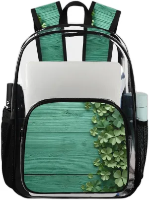 St. Patrick's Day Clover Heavy Duty Clear Backpack Green Clover Large See Through Backpacks PVC Transparent Clear Bag for Women Men Security Stadium Work Travel Events Concert