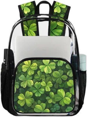 St Patricks Day Clover Heavy Duty Clear Backpack Green Clover Shamrock Leaf Large See Through Backpacks PVC Transparent Clear Bag for Women Men Security Stadium Work Travel Events Concert