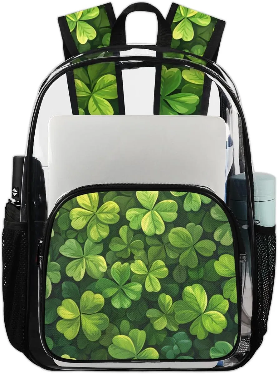 St Patricks Day Clover Heavy Duty Clear Backpack Green Clover Shamrock Leaf Large See Through Backpacks PVC Transparent Clear Bag for Women Men Security Stadium Work Travel Events Concert