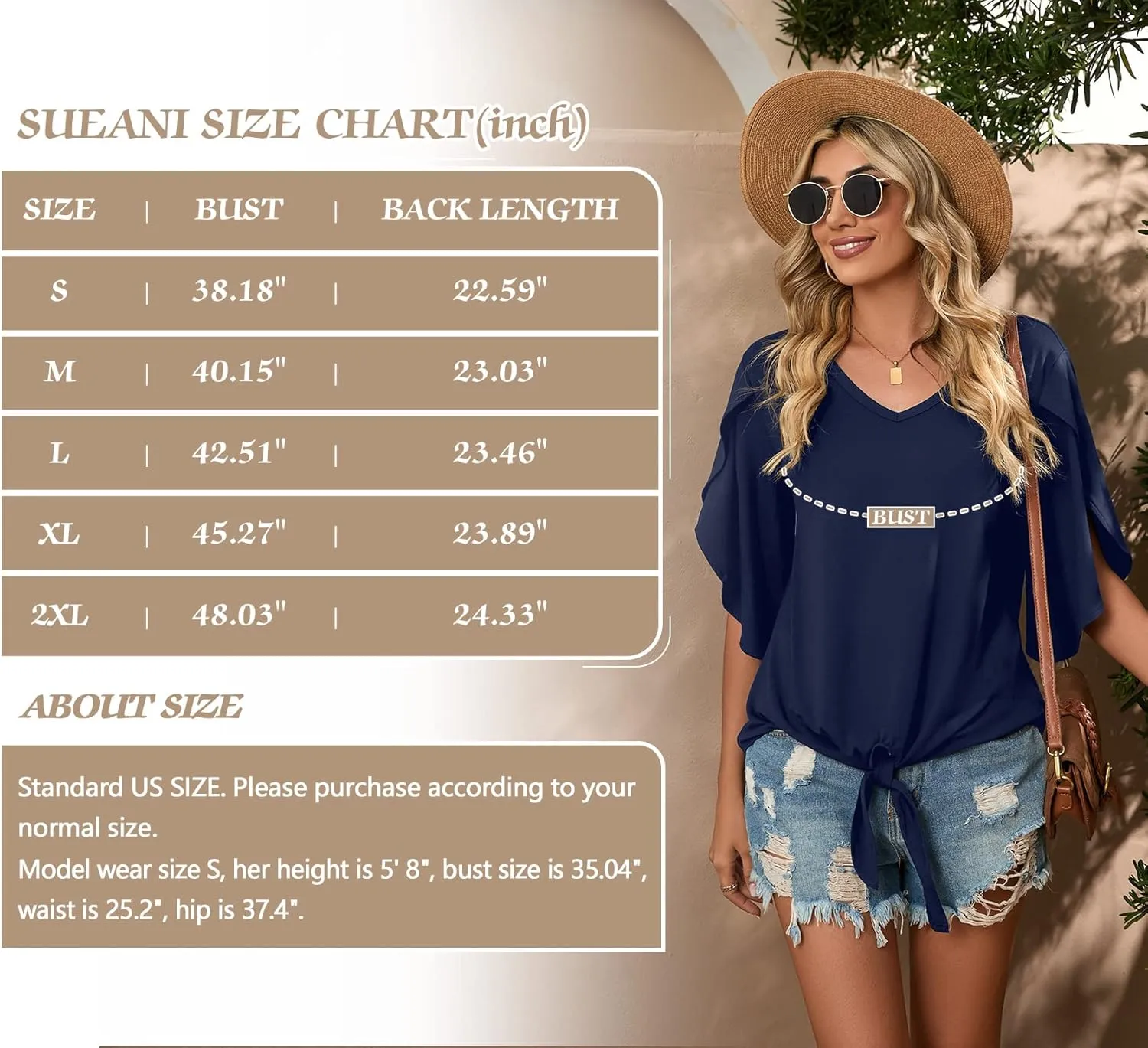 SUEANI Women's Tie Front Blouses V Neck 3/4 Split Sleeve Summer Knot Tops T Shirts
