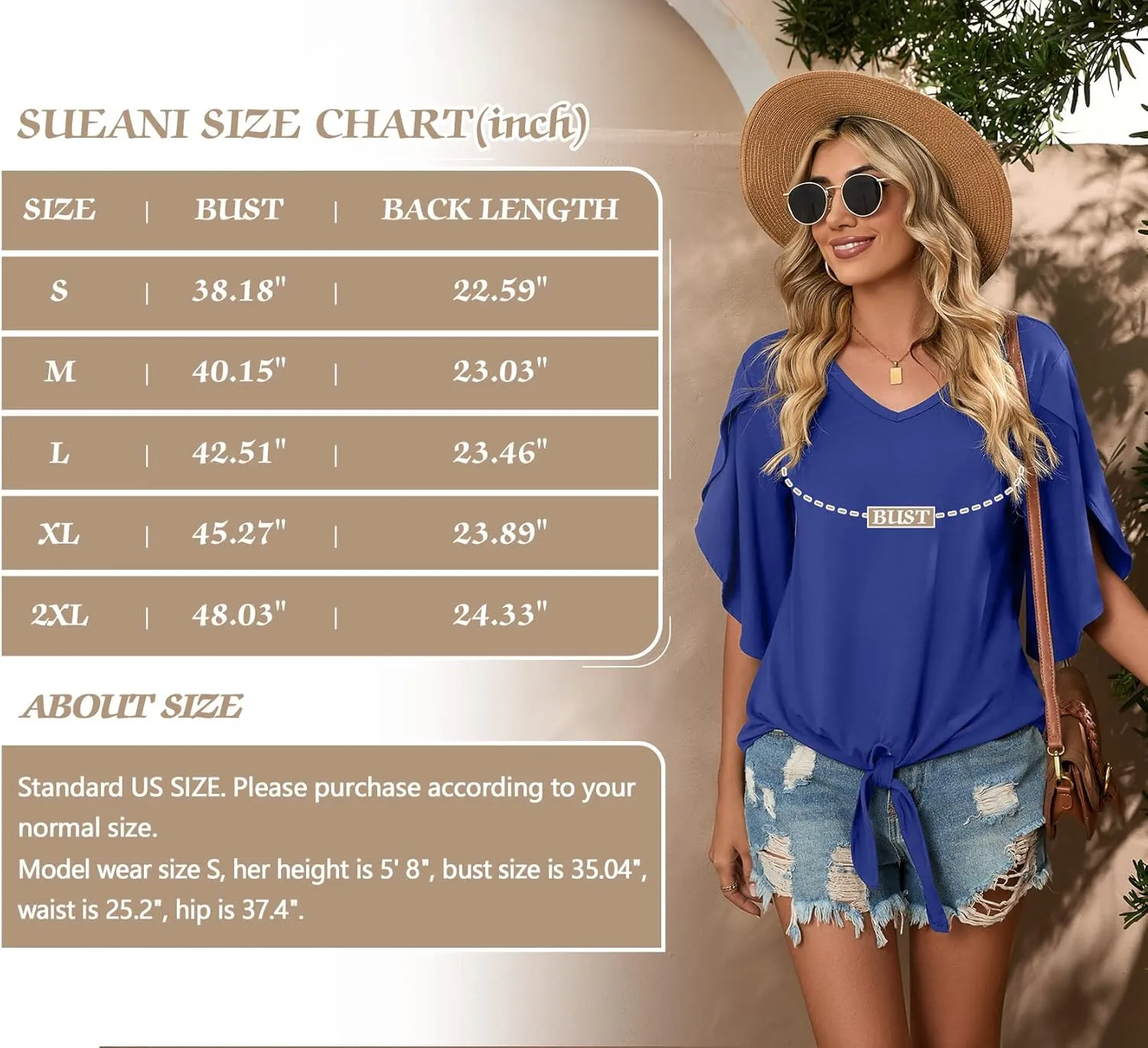 SUEANI Women's Tie Front Blouses V Neck 3/4 Split Sleeve Summer Knot Tops T Shirts
