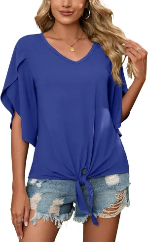 SUEANI Women's Tie Front Blouses V Neck 3/4 Split Sleeve Summer Knot Tops T Shirts