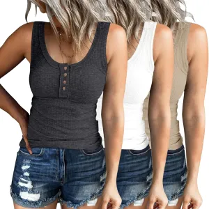 SUNBS 3 Pack Women Tank Tops Ribbed Summer Sexy Sleeveless Basic Cami Top Trendy Slim Henley Button Down Blouses 2025