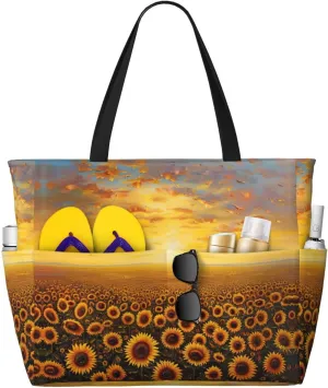 Sunflower Field Sunset Sea Of Flowers Spacious Beach Travel Bagreusable Grocery Tote, Multifunctional Beach Vacation Bag