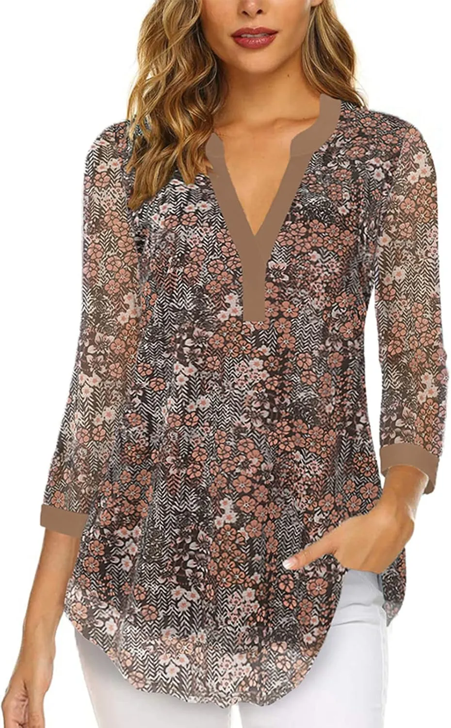 Supnier Womens Tops 3/4 Sleeve V Neck Dressy Blouses FLoral Print Layers Mesh Shirts Loose Fit Tunic Tops