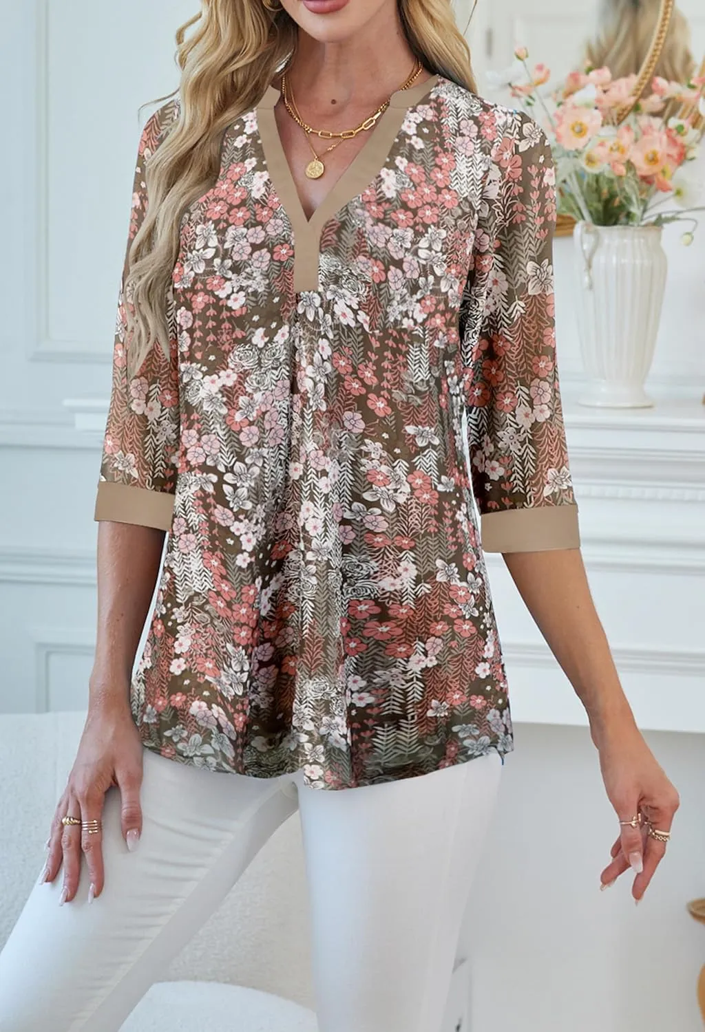 Supnier Womens Tops 3/4 Sleeve V Neck Dressy Blouses FLoral Print Layers Mesh Shirts Loose Fit Tunic Tops