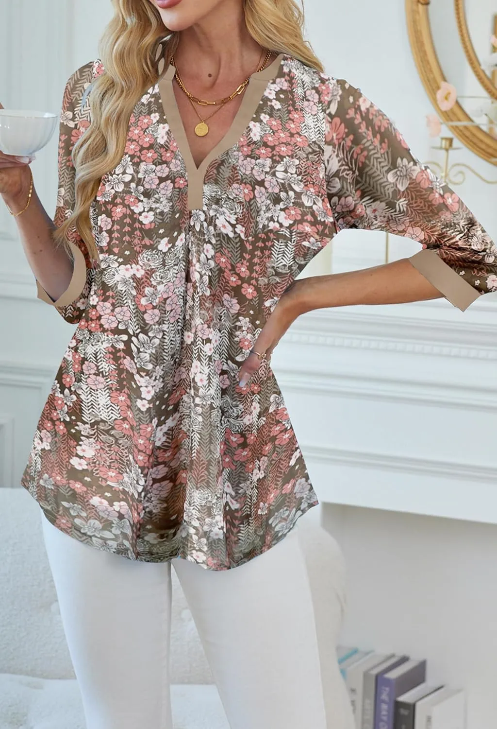 Supnier Womens Tops 3/4 Sleeve V Neck Dressy Blouses FLoral Print Layers Mesh Shirts Loose Fit Tunic Tops