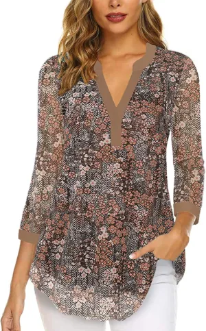Supnier Womens Tops 3/4 Sleeve V Neck Dressy Blouses FLoral Print Layers Mesh Shirts Loose Fit Tunic Tops