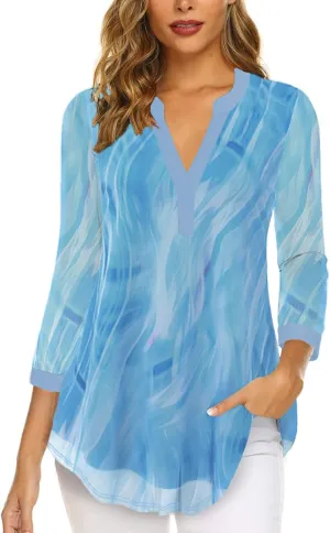 Supnier Womens Tops 3/4 Sleeve V Neck Dressy Blouses FLoral Print Layers Mesh Shirts Loose Fit Tunic Tops