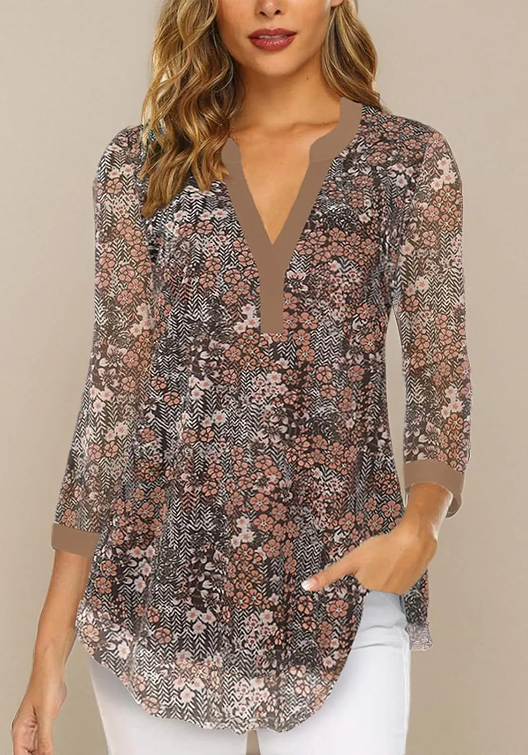 Supnier Womens Tops 3/4 Sleeve V Neck Dressy Blouses FLoral Print Layers Mesh Shirts Loose Fit Tunic Tops