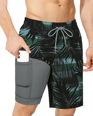 SURF CUZ 9" Mens Swim Trunks with Compression Liner Bathing Suits 2 in 1 Stretch Zipper Pockets Quick Dry