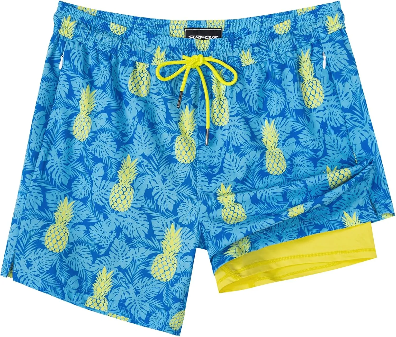 SURF CUZ Mens Swim Trunks with Compression Liner 5" Swim Shorts Quick Dry Bathing Suit Swimming Trunks Zipper Pockets