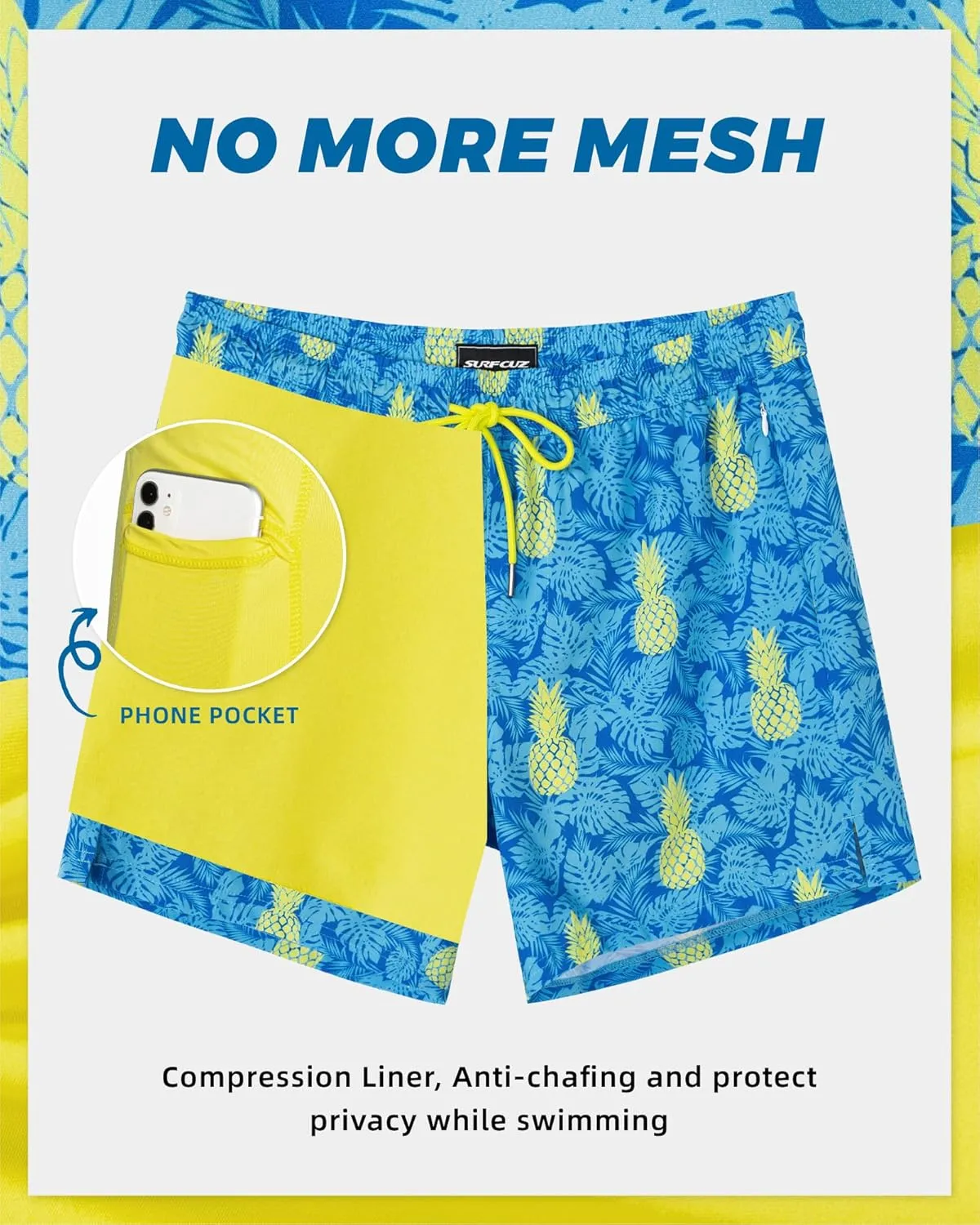 SURF CUZ Mens Swim Trunks with Compression Liner 5" Swim Shorts Quick Dry Bathing Suit Swimming Trunks Zipper Pockets