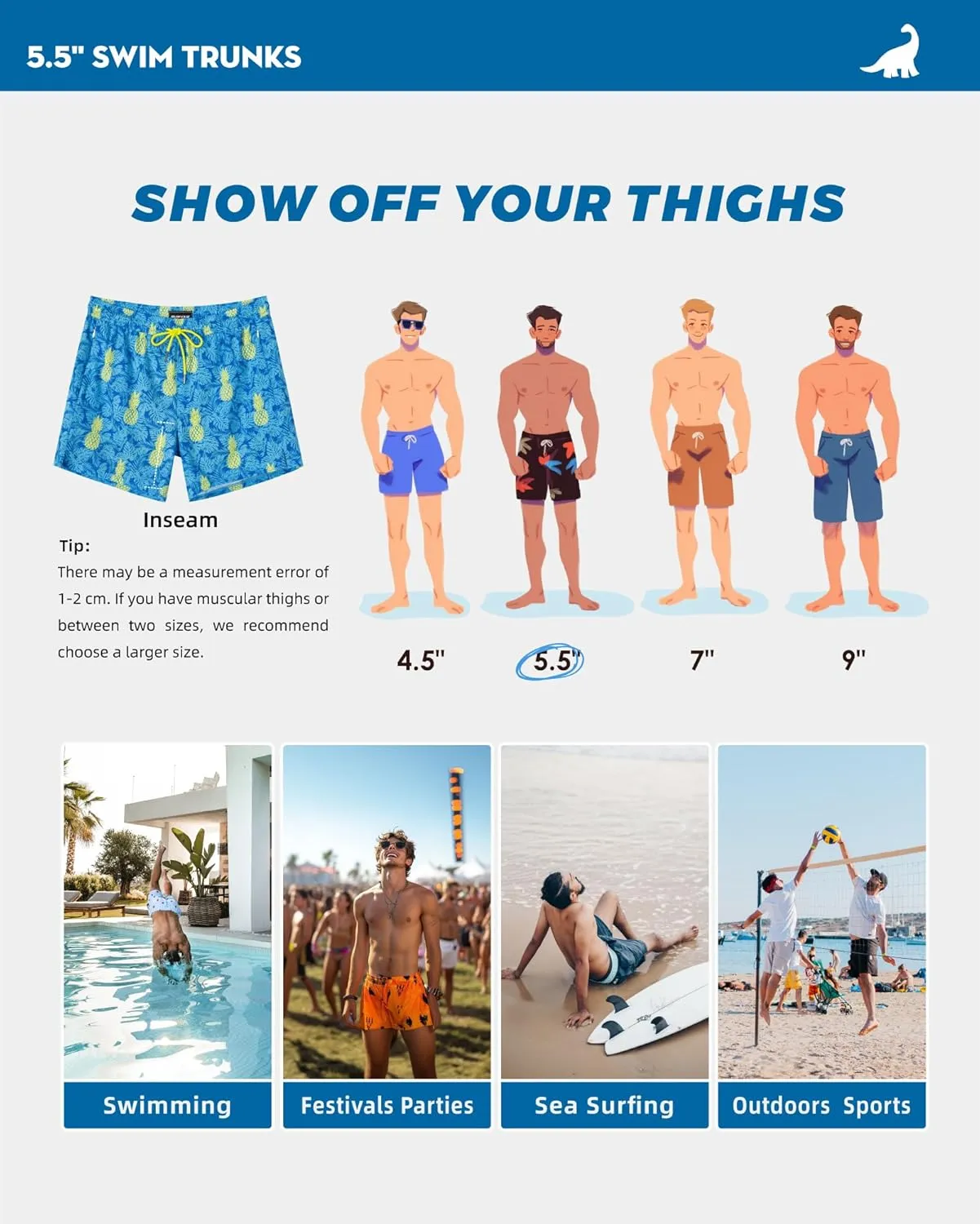 SURF CUZ Mens Swim Trunks with Compression Liner 5" Swim Shorts Quick Dry Bathing Suit Swimming Trunks Zipper Pockets