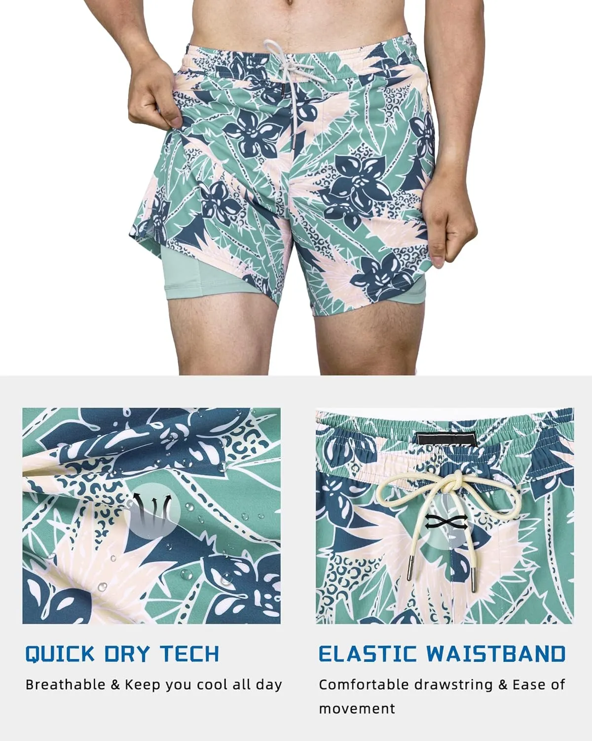 SURF CUZ Mens Swim Trunks with Compression Liner Swimming Trunks 5 Inch Bathing Suit Quick Dry Swim Shorts