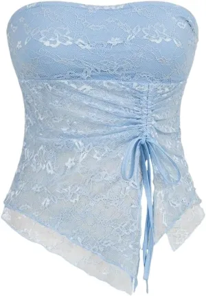 T Shirts for Women 2025 Summer Lace Patchwork Drawstring Asymmetrical Hem Cropped Camisole Top Trendy Blouses