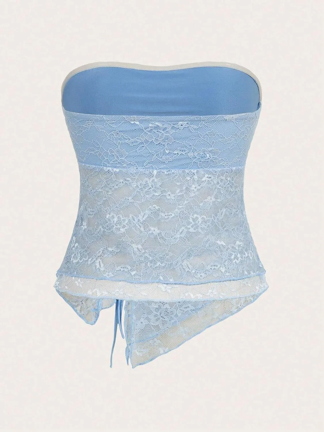 T Shirts for Women 2025 Summer Lace Patchwork Drawstring Asymmetrical Hem Cropped Camisole Top Trendy Blouses