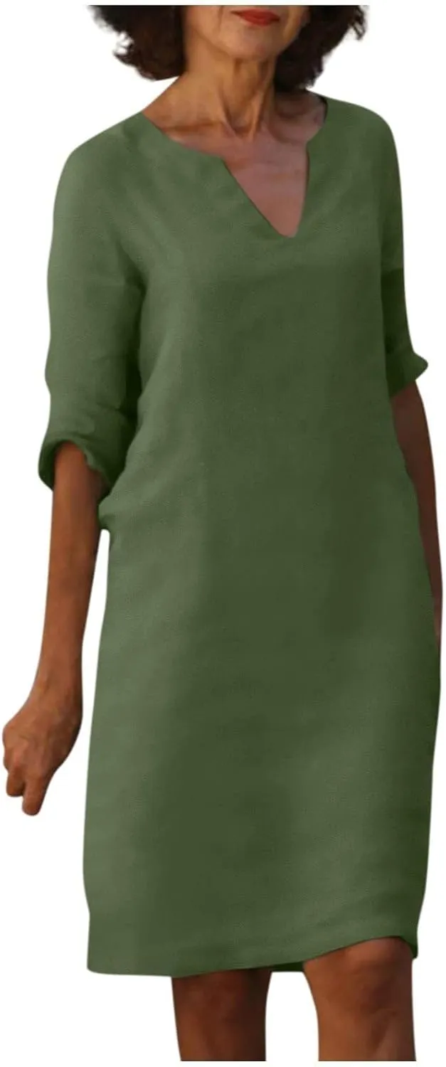 TIAFORD Women Casual Cotton Linen Midi Dress Summer V Neck Half Sleeve Beach Flowy Loose Solid Tunic Dress 2025