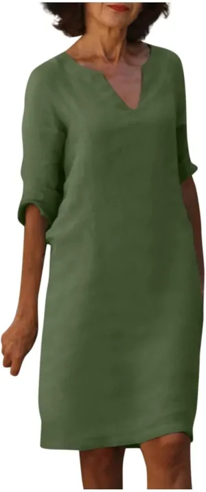 TIAFORD Women Casual Cotton Linen Midi Dress Summer V Neck Half Sleeve Beach Flowy Loose Solid Tunic Dress 2025
